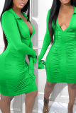 Green Sexy Solid Fold Turndown Collar Pencil Skirt Dresses