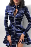 Blue Black Casual Patchwork Basic Mandarin Collar Long Sleeve Dresses