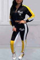 Black Casual Print Patchwork Letter Zipper Collar Long Sleeve Two Pieces