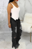 Black Casual Patchwork Ripped Mid Waist Boot Cut Denim Jeans