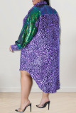 Purple Casual Print Leopard Patchwork Buckle Asymmetrical Turndown Collar Shirt Dress Plus Size Dresses