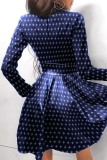 Blue Casual Patchwork Basic Mandarin Collar Long Sleeve Dresses