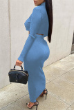 Sky Blue Sexy Solid Basic Turtleneck Long Sleeve Two Pieces
