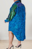 Blue Casual Print Leopard Patchwork Buckle Asymmetrical Turndown Collar Shirt Dress Plus Size Dresses