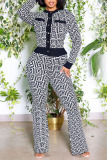 Black Casual Print Patchwork Buckle Long Sleeve Two Pieces
