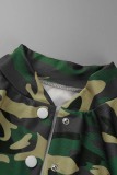 Army Green Casual Camouflage Print Patchwork Long Sleeve Two Pieces