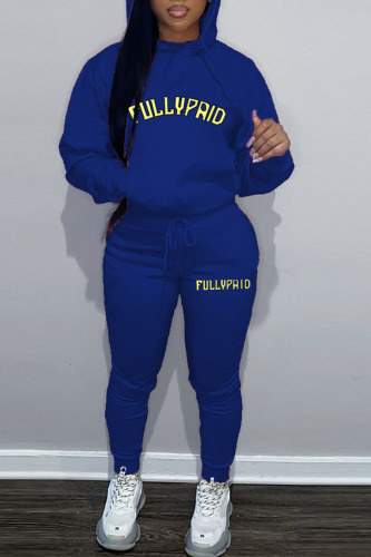 Blue Casual Print Patchwork Hooded Collar Long Sleeve Two Pieces