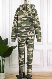 Camouflage Casual Camouflage Print Letter Hooded Collar Long Sleeve Two Pieces