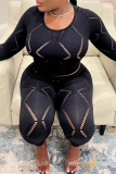 Black Casual Solid See-through O Neck Long Sleeve Two Pieces