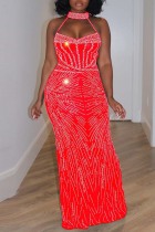Red Sexy Patchwork Hot Drilling Hollowed Out Backless Halter Long Dress Dresses