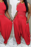 Red Street Solid Fold O Neck Sleeveless Two Pieces