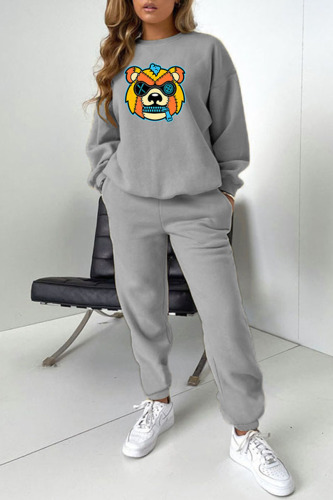 Grey Casual Print Patchwork O Neck Long Sleeve Two Pieces