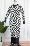 White Casual Plaid Print Patchwork Half A Turtleneck Long Sleeve Plus Size Dresses