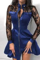 Blue Black Casual Patchwork Basic Mandarin Collar Long Sleeve Dresses