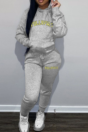 Grey Casual Print Patchwork Hooded Collar Long Sleeve Two Pieces