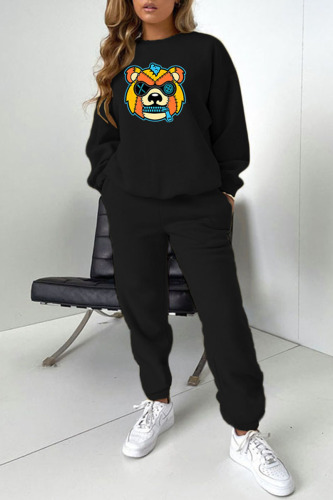 Black Casual Print Patchwork O Neck Long Sleeve Two Pieces