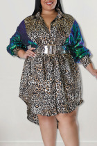 Brown Casual Print Leopard Patchwork Buckle Asymmetrical Turndown Collar Shirt Dress Plus Size Dresses