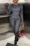 Grey Casual Solid Patchwork Zipper O Neck Skinny Jumpsuits