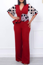 Red Casual Print Polka Dot Patchwork V Neck Straight Jumpsuits