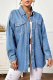 Medium Blue Casual Solid Patchwork Turndown Collar Long Sleeve Regular Denim Jacket