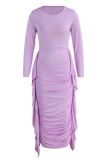 Purple Fashion Solid Flounce O Neck Pencil Skirt Dresses