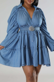 Blue Street Solid Flounce Turndown Collar Cake Skirt Plus Size Dresses