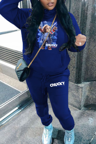 Blue Casual Print Patchwork Hooded Collar Long Sleeve Two Pieces