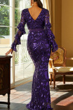 Purple Sexy Formal Patchwork Sequins V Neck Evening Dress Dresses