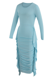 Sky Blue Fashion Solid Flounce O Neck Pencil Skirt Dresses