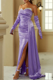 Purple Sexy Solid Patchwork Backless Strapless Evening Dress (With Sleeves)