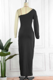 Black Sexy Formal Solid Backless Slit Oblique Collar Long Sleeve Dresses