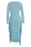 Sky Blue Fashion Solid Flounce O Neck Pencil Skirt Dresses