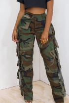Camouflage Casual Street Camouflage Print Tassel Patchwork Straight High Waist Straight Full Print Bottoms