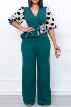 Green Casual Print Polka Dot Patchwork V Neck Straight Jumpsuits