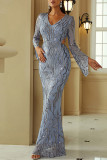 Blue Sexy Formal Patchwork Sequins V Neck Evening Dress Dresses