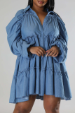 Blue Street Solid Flounce Turndown Collar Cake Skirt Plus Size Dresses