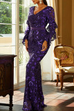 Purple Sexy Formal Patchwork Sequins V Neck Evening Dress Dresses
