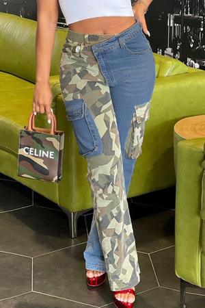 Blue Casual Street Camouflage Print Patchwork Pocket Asymmetrical High Waist Denim Jeans
