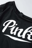 Pink Casual Letter Print Patchwork Oblique Collar Regular Jumpsuits