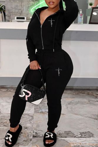 Black Casual Print Patchwork Zipper Hooded Collar Long Sleeve Two Pieces