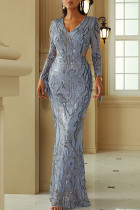 Blue Sexy Formal Patchwork Sequins V Neck Evening Dress Dresses