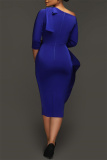 Blue Casual Solid Patchwork Oblique Collar Irregular Dress Dresses