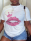 White Daily Vintage Lips Printed Patchwork O Neck T-Shirts