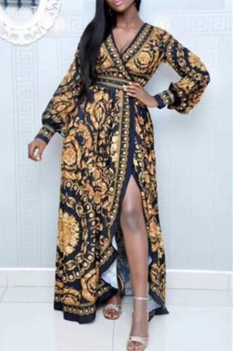 Gold Casual Print Patchwork Slit V Neck Long Sleeve Dresses