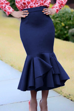 Navy Blue Elegant Solid Patchwork Flounce High Waist Straight Solid ...