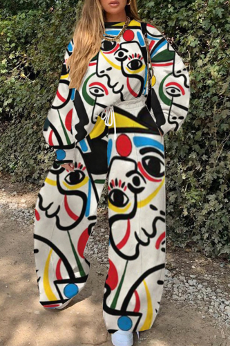 White Street Print Patchwork O Neck Long Sleeve Two Pieces