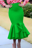 Green Elegant Solid Patchwork Flounce High Waist Straight Solid Color Bottoms