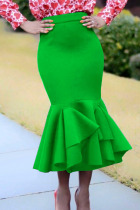 Green Elegant Solid Patchwork Flounce High Waist Straight Solid Color Bottoms