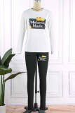 Powder White Casual Print Letter O Neck Long Sleeve Two Pieces