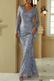 Blue Sexy Formal Patchwork Sequins V Neck Evening Dress Dresses